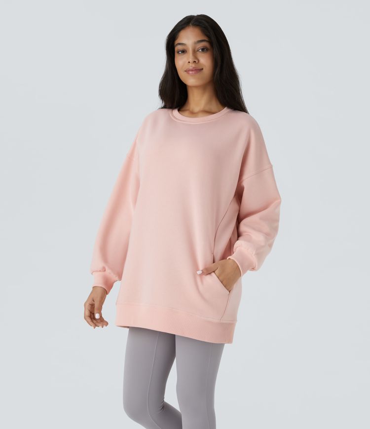 Felpa oversize casual in pile con scollo rotondo
