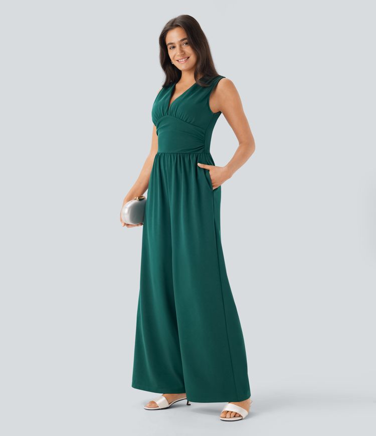 ColaSuit™ - Jumpsuit da festa senza maniche con scollo a V, tasche laterali e zip invisibile - Easy Peezy