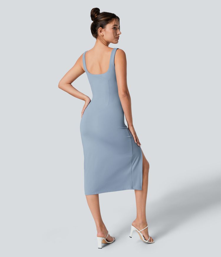 Abito midi casual aderente alla figura con spacco, corsetto senza schienale con scollatura quadrata e ruches