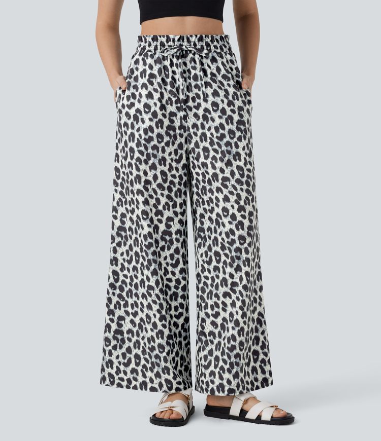 ColaComfort™ - Pantaloni casual con vita alta, tasche laterali, coulisse e stampa leopardata